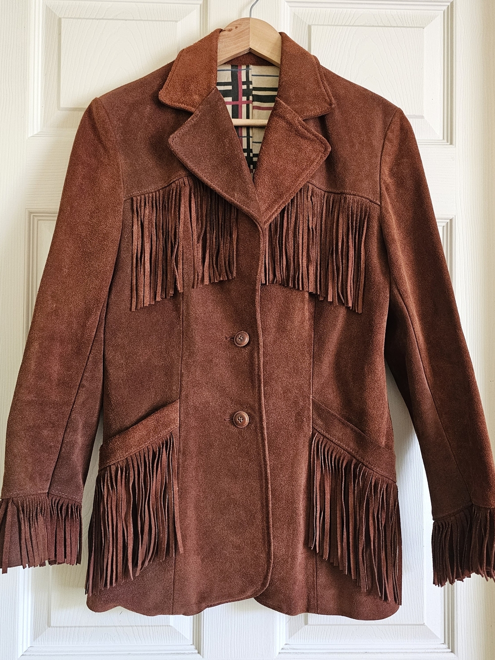 Vintage 70s Joo-Kay Brown Suede Leather Fringe Western Jacket Size 12 (Fits Smal